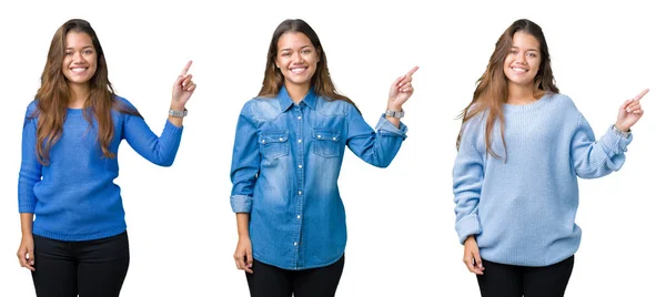 Colagem Bela Jovem Sobre Fundo Isolado Com Grande Sorriso Rosto — Fotografia de Stock