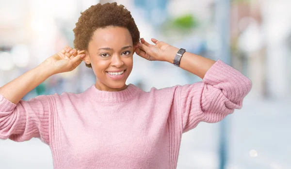 Beautiful Young African American Woman Isolated Background Smiling Pulling Ears — Stock Photo, Image
