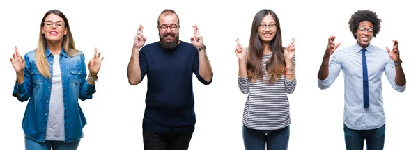 Collage Gruppen Unga Företagare Över Isolerade Bakgrund Leende Korsning Fingrar — Stockfoto