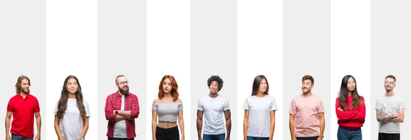 Collage Olika Etnisk Ungdomar Över Vita Ränder Isolerade Bakgrund Leende — Stockfoto