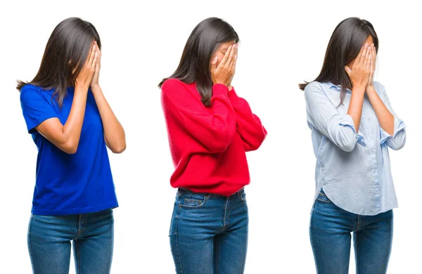 Collage Mujer Joven Asiática Pie Sobre Fondo Blanco Aislado Con — Foto de Stock