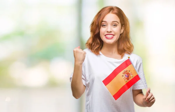Νεαρή Όμορφη Γυναίκα Που Κρατώντας Την Σημαία Της Ισπανίας Πάνω — Φωτογραφία Αρχείου