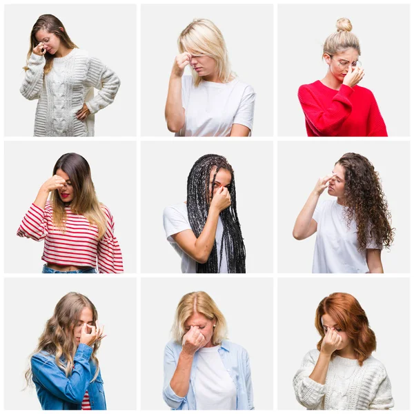 Colagem Grupo Mulheres Jovens Idosas Sobre Fundo Isolado Cansado Esfregando — Fotografia de Stock