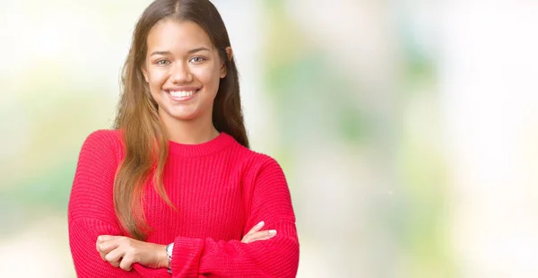 Giovane Bella Donna Bruna Indossa Maglione Invernale Rosso Sfondo Isolato — Foto Stock