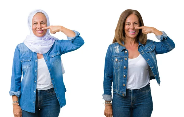 Collage Hermosa Mujer Árabe Mediana Edad Sobre Fondo Aislado Señalando —  Fotos de Stock