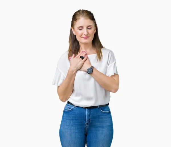 Rijpe Mooie Vrouw Van Middelbare Leeftijd Geïsoleerde Achtergrond Glimlachend Met — Stockfoto