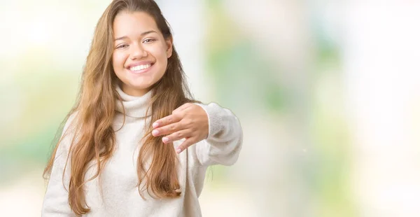 Ung Vacker Brunett Kvinna Som Bär Polokrage Tröja Över Isolerade — Stockfoto