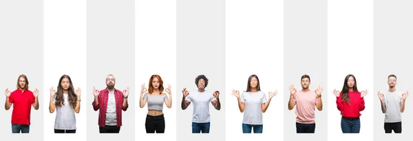 Collage Van Verschillende Etniciteit Jongeren Witte Strepen Geïsoleerde Achtergrond Ontspannen — Stockfoto