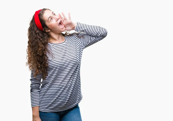 Beautiful Brunette Curly Hair Young Girl Wearing Stripes Sweater Isolated — Stock Photo, Image