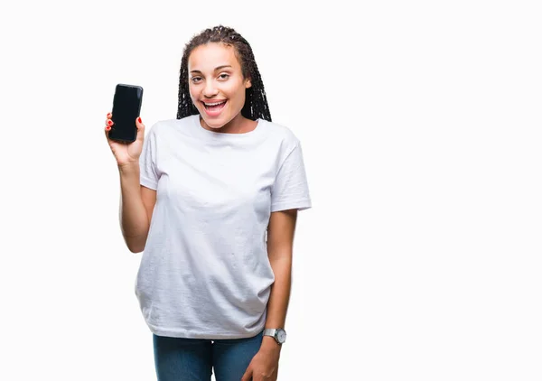 Jonge Gevlochten Hair Afrikaans Amerikaans Meisje Tonen Scherm Van Smartphone — Stockfoto