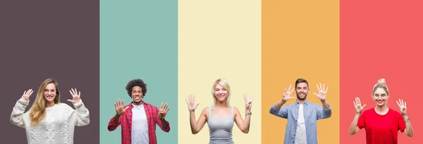 Collage Group Young People Colorful Vintage Isolated Background Showing Pointing — Stock Photo, Image