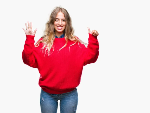 Beautiful Young Blonde Woman Wearing Winter Sweater Isolated Background Showing — Stock Photo, Image