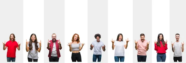 Collage Different Ethnics Young People White Stripes Isolated Background Shouting — Stock Photo, Image