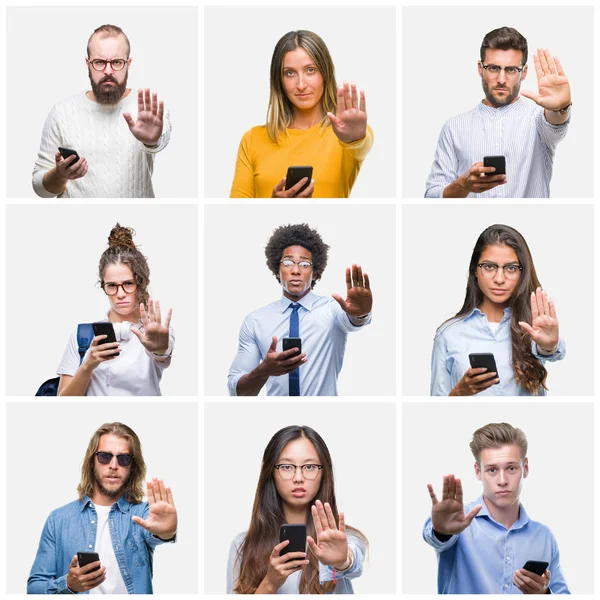 Collage Einer Gruppe Junger Menschen Mit Smartphone Vor Isoliertem Hintergrund — Stockfoto