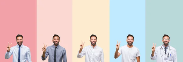 Colagem Homem Bonito Sobre Listras Coloridas Fundo Isolado Mostrando Apontando — Fotografia de Stock