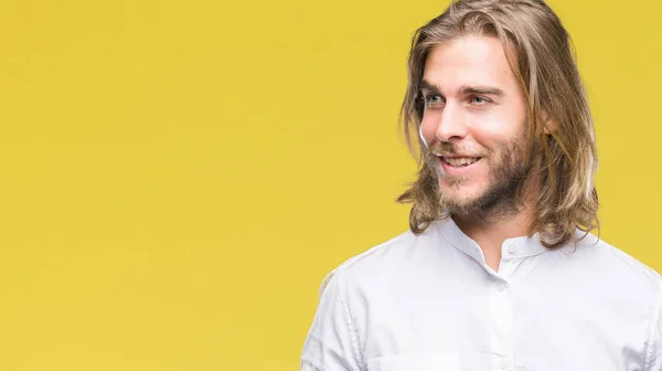 Young Handsome Man Long Hair Isolated Background Looking Away Side — Stock Photo, Image