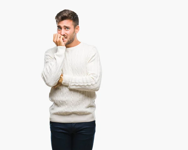 Homem Bonito Jovem Vestindo Camisola Inverno Sobre Fundo Isolado Olhando — Fotografia de Stock