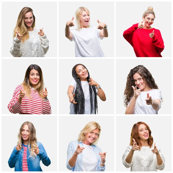 Collage Groupe Jeunes Femmes Femmes Âgées Sur Fond Isolé Pointant — Photo