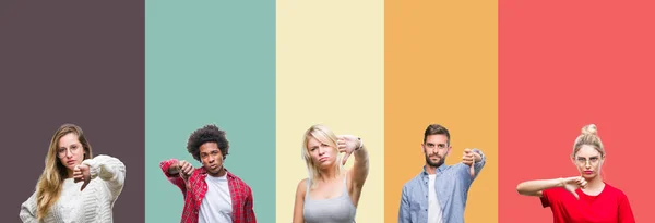 Коллаж Группы Молодых Людей Красочном Винтажном Изолированном Фоне Выглядит Несчастным — стоковое фото