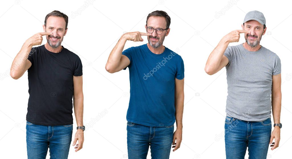 Collage of handsome senior man over white isolated background Pointing with hand finger to face and nose, smiling cheerful