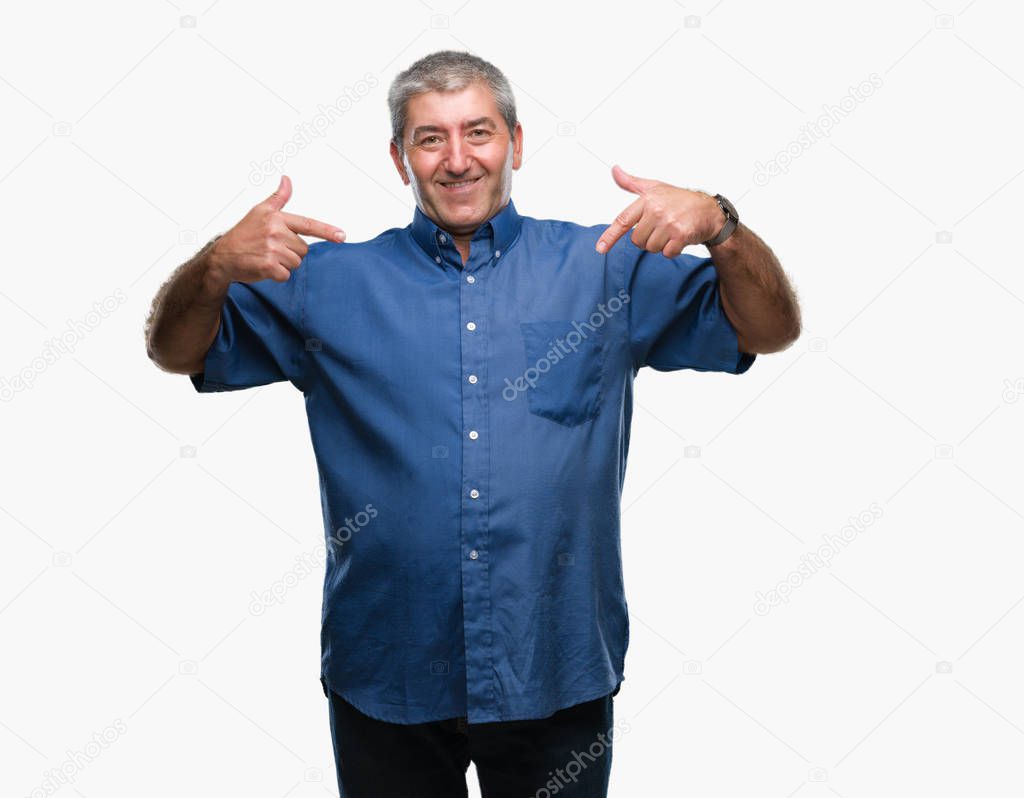 Handsome senior man over isolated background looking confident with smile on face, pointing oneself with fingers proud and happy.