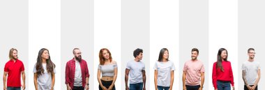 Farklı etnik genç insanlar üzerinde beyaz çizgili izole arka plan uzakta yanında seyir yüzünde, doğal ifade gülümseme kolaj. Kendine güvenen gülüyor.