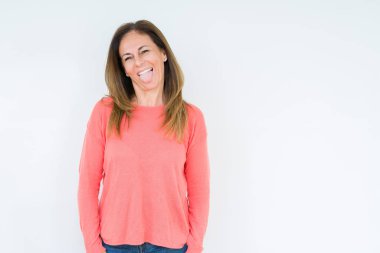 Dilini izole arka plan güzel orta yaş kadın out komik ifade ile mutlu. Duygu kavramı.