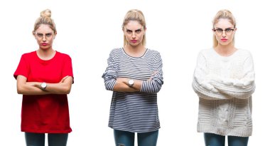 Kolaj izole arka plan şüpheci ve sinir, onaylamayan ifade yüz çapraz kolları olan genç güzel sarışın kadın. Negatif kişi.