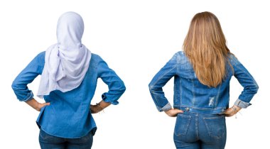 Güzel orta yaş Arap kadın yüzünden geriye doğru uzakta silah ile vücut üzerinde seyir izole arka plan ayakta kolaj