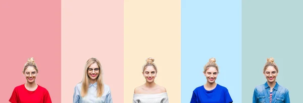 Collage Bella Donna Bionda Strisce Colorate Sfondo Isolato Ammiccando Guardando — Foto Stock