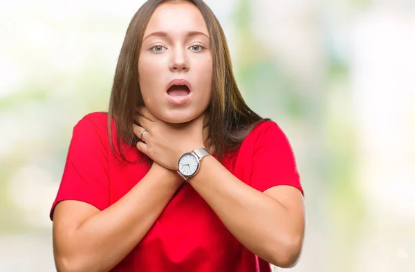 Giovane Bella Donna Caucasica Sfondo Isolato Gridando Soffocare Perché Strangolare — Foto Stock