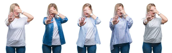 Collage Vacker Blond Ung Kvinna Över Isolerade Bakgrund Som Täcker — Stockfoto
