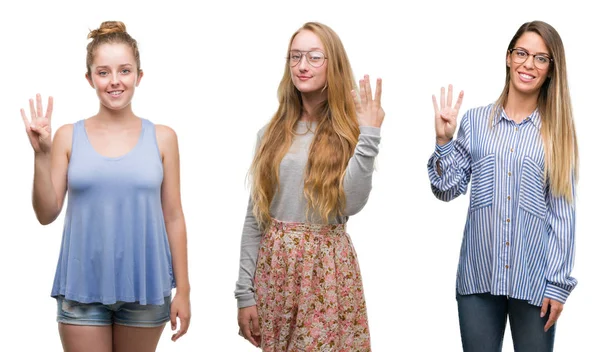 Koláž Skupiny Blond Ženy Nad Izolované Pozadí Zobrazení Ukázal Prsty — Stock fotografie