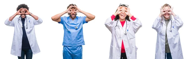 Collage Grupo Médicos Enfermeras Cirujanos Sobre Fondo Aislado Haciendo Buen — Foto de Stock