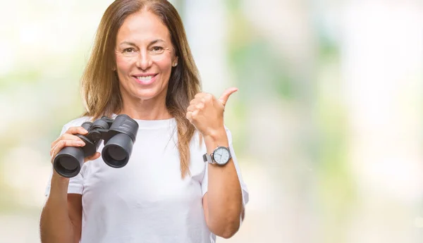 Middle Age Hispanic Woman Looking Binoculars Isolated Background Pointing Showing — Stock Photo, Image