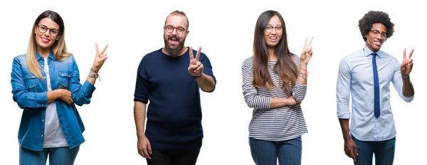 Collage Grupo Jóvenes Empresarios Sobre Fondo Aislado Sonriendo Con Cara — Foto de Stock