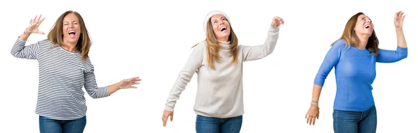 Collage Hermosa Mujer Mediana Edad Sobre Fondo Aislado Bailando Feliz — Foto de Stock