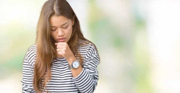 Ung Vacker Brunett Kvinna Som Bär Randig Tröja Över Isolerade — Stockfoto