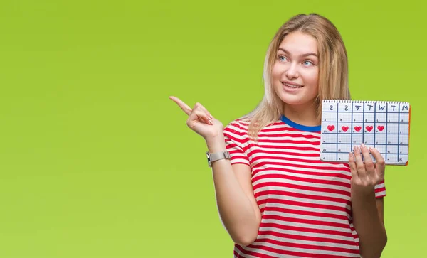 Joven Mujer Caucásica Sosteniendo Calendario Menstruación Sobre Fondo Aislado Muy — Foto de Stock