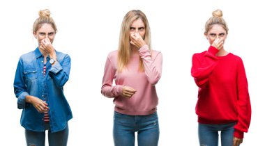 Genç güzel sarışın kadın bir şey pis ve iğrenç kokulu izole arka plan, dayanılmaz koku, holding nefes burun parmaklar ile kolaj. Kötü kokuyor kavramı.