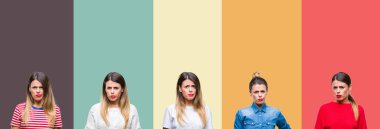 Kolaj üzerinde renkli vintage izole arka plan şüpheci ve sinir, papatyanın üzgün sorun nedeniyle genç güzel kadın. Negatif kişi.