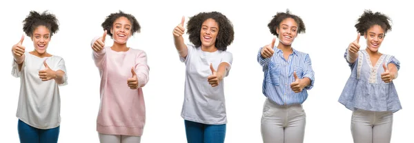 Collage Afroamerikanska Kvinnan Över Isolerade Bakgrunden Godkänner Tummen Gör Positiv — Stockfoto