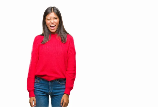 Jovem Mulher Asiática Vestindo Camisola Inverno Sobre Fundo Isolado Piscando — Fotografia de Stock