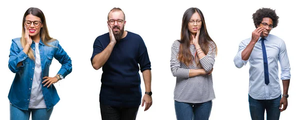 Collage Gruppo Giovani Imprenditori Sfondo Isolato Toccare Bocca Con Mano — Foto Stock