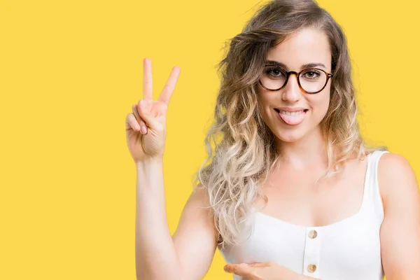 Beautiful Young Blonde Woman Wearing Glasses Isolated Background Smiling Happy — Stock Photo, Image