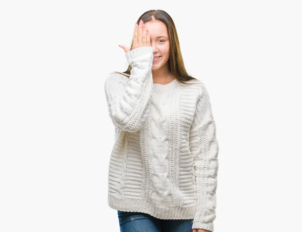 Młoda Piękna Kobieta Kaukaski Swetrze Zima Białym Tle Obejmujące Jedno — Zdjęcie stockowe