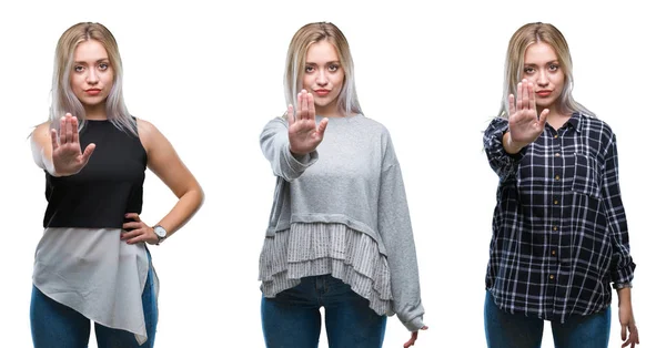 Collage Vacker Blond Ung Kvinna Över Isolerade Bakgrund Gör Sluta — Stockfoto