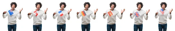 Collage African American Young Man Holding Flags Countries Isolated Background — Stock Photo, Image