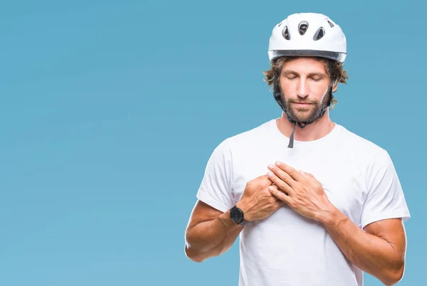 Handsome Hispanic Cyclist Man Wearing Safety Helmet Isolated Background Smiling — Stock Photo, Image