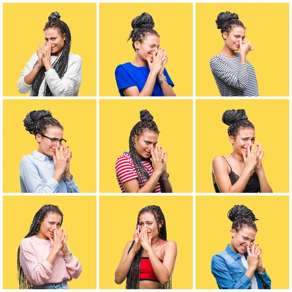 Collage of beautiful braided hair african american woman over yellow isolated background smelling something stinky and disgusting, intolerable smell, holding breath with fingers on nose. Bad smells concept.